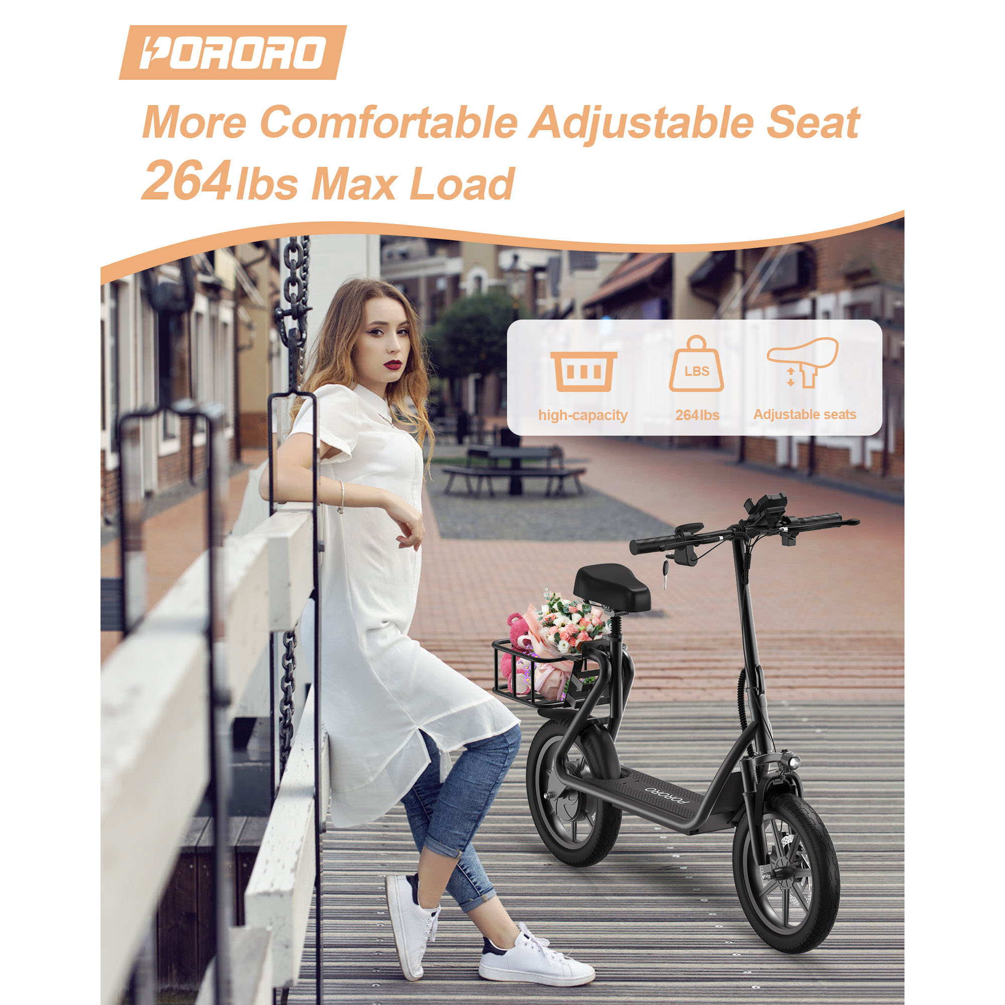 PORORO SLW50 Electric Scooter with Seat for Adults, Max 25 Miles Range with 14" Tires, 500W, 22MPH, Black