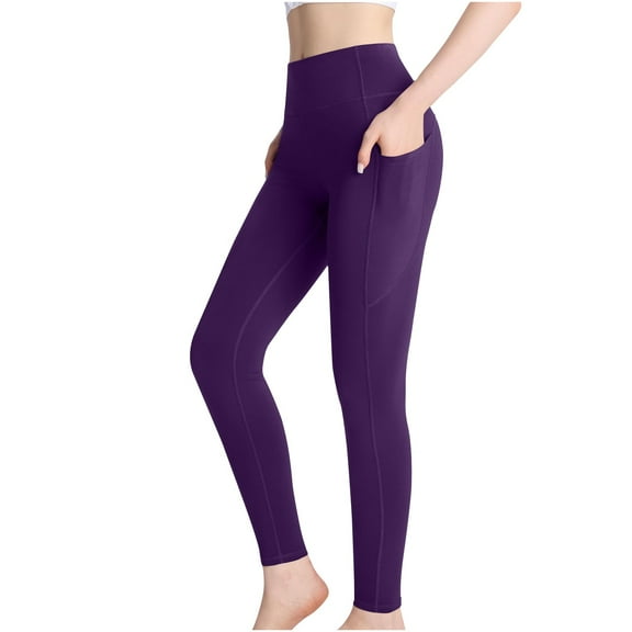 YUGYXL Fleeced Leggings for Women Casual Stretchy Comfy Yoga Pants with Pockets High Waist Slim Lightweight Legging Purple L