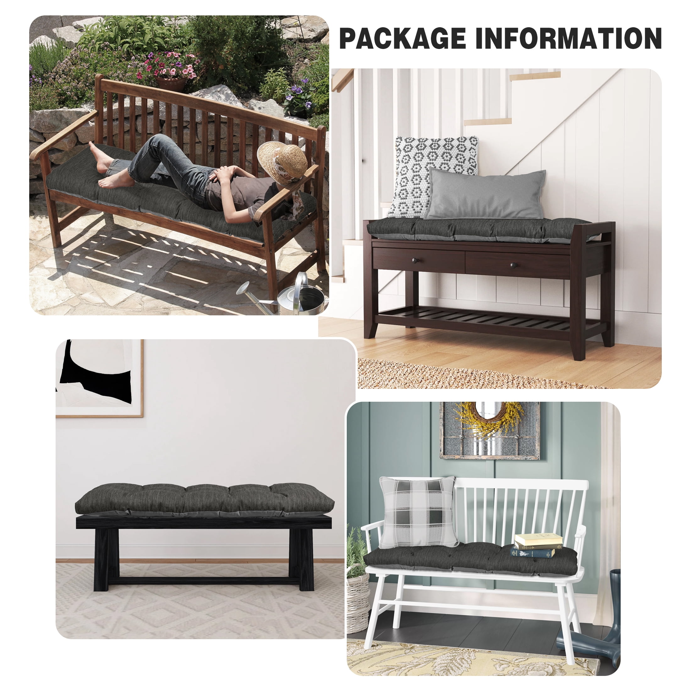 Baibu Tufted Bench Cushion Loveseat Cushion with Tires Suitable for Garden Patio Bench Indoor Furniture with Anti-slip Bottom, Black, 42"x15"x3"