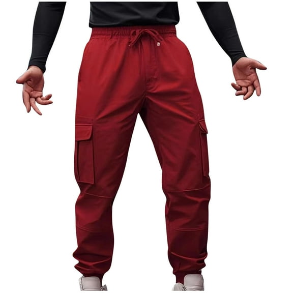 Annhoo Men's Casual cargo pants sports Solid Color Elastic Waist trousers with Pockets Drawstring Outdoor gym workout Pants