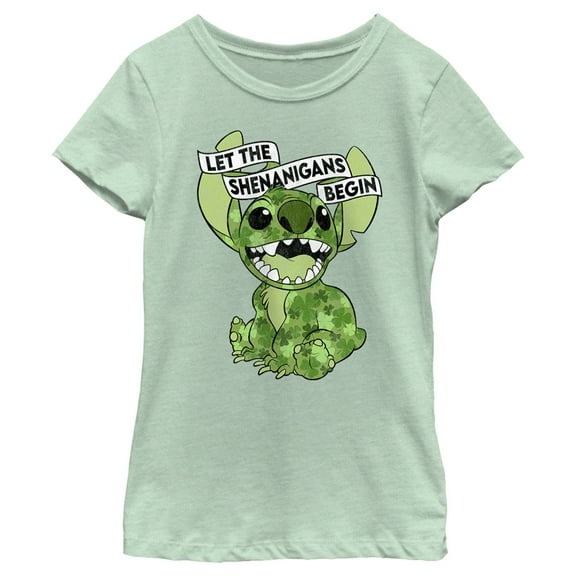 Girl's Lilo & Stitch St. Patrick's Day Stitch Let the Shenanigans Begin Graphic Tee Mint X Large