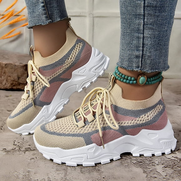 YOUYEDIAN Orthopedic Shoes for Women Arch Support Golf Shoes Wide Slip on Non Slip Hiking Shoes Mesh Stretch Soft 2026 Foam Shoes (Beige)