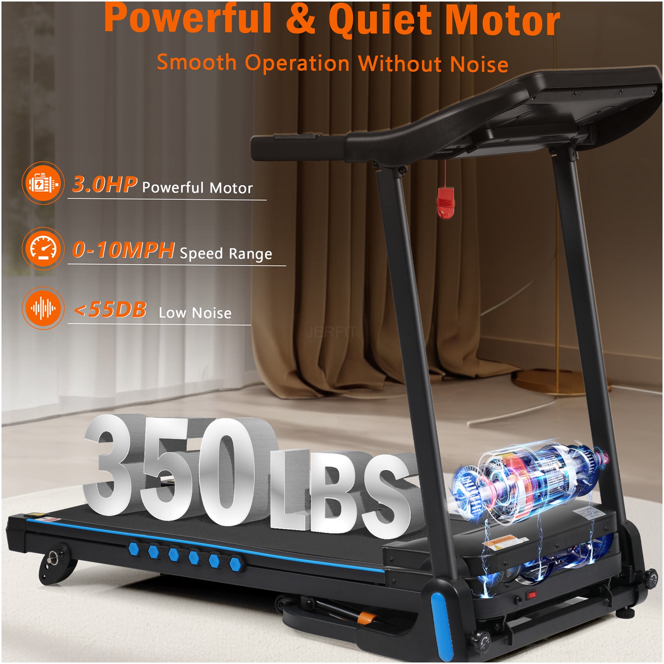 JERFIT Auto-Folding Incline Treadmill for Home, 3.0HP Quiet Motor, 10MPH, 350LBS Capacity, Bluetooth Speaker, USB/Type-C Charging, Compact for Small Spaces