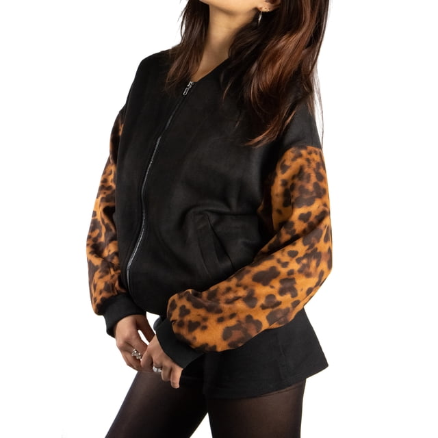 Jess por Meiko Chaquetas de Mujer Leopardo de Manga Larga Cierre Bomber S Negro