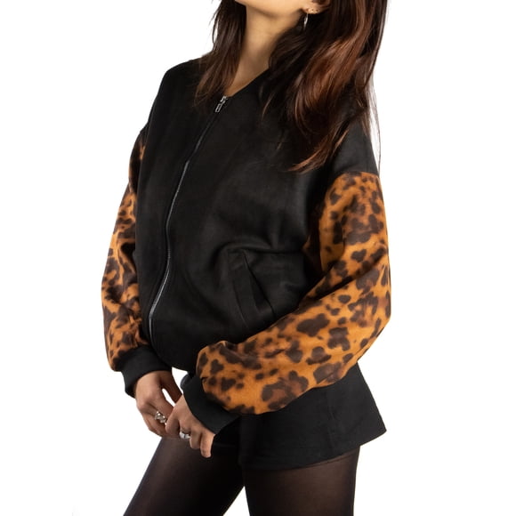 Jess por Meiko Chaquetas de Mujer Leopardo de Manga Larga Chaqueta Bomber con Cremallera M Negro