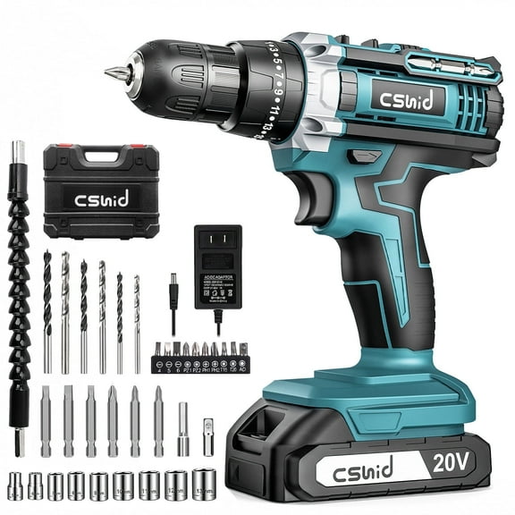 Cshidworld 20V Cordless Power Drill Set, Drill Kit with 1 Lithium-Ion & Charger, 3/8" Keyless Chuck, Electric Drill W/ 2 Variable Speed & LED Light, 25 1 Position and 34pcs Drill/Driver Bits(Blue)