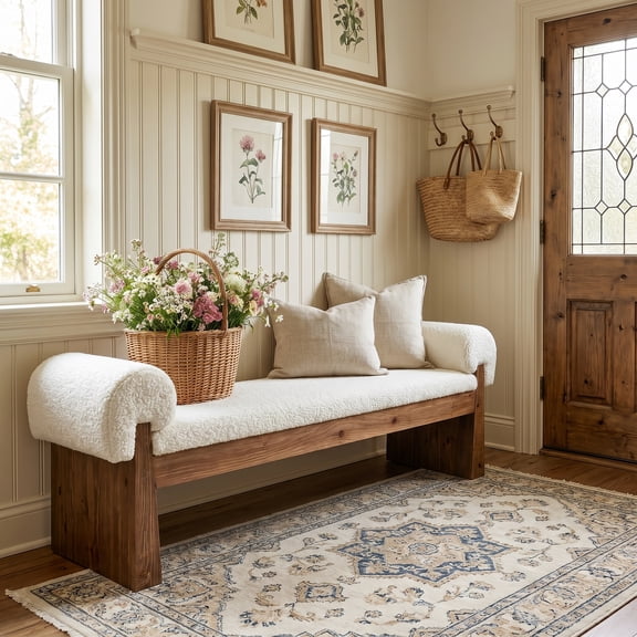 55-Inch Solid Wood Upholstered Bench, Farmhouse Entryway Bench with Removable Sherpa Cushion, End of Bed Seating for Bedroom, Living Room, Hallway, and Window Nook