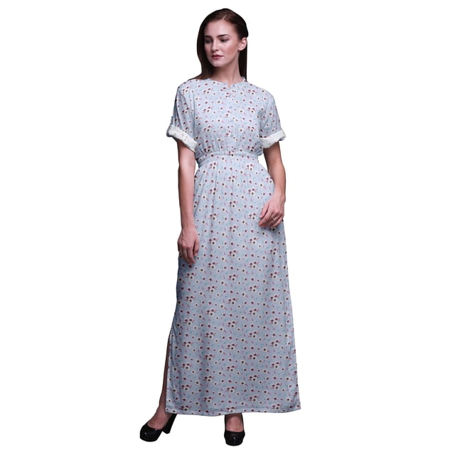 Bimba Robe Longue Imprimée en Rayonne à Plumes et Anémones, Taille Smockée, Fente Latérale, pour Femme - Medium