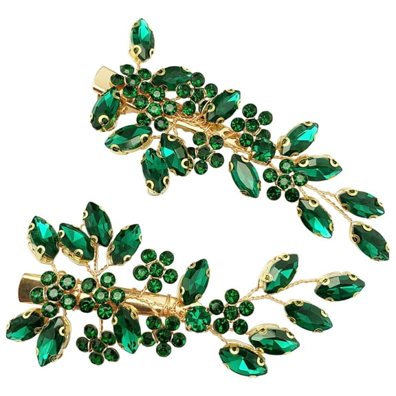 BZCOE Emerald Side Hair Clips 2Pcs Bridal Green Rhinestone Gold Vine Hairpcs Accessories for Wedding Women Party,Bridal Wedding Green Hair Accessories