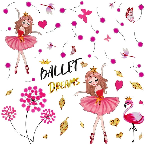 IFENG Ballet Wall Decals Dancing Ballet girl with Pink Dandelion Flamingo Wall Stickers (23.6x29.5 In) Peel and Stick Removable Ballet Dancer Art Murals for Living Room Bedroom Girls Room Dance Room