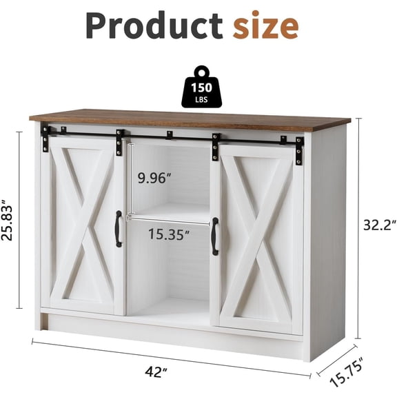 Coffee Bar Cabinet with Sliding Barn Doors, 42”Farmhouse Buffet Cabinet with Storage for Kitchen, Coffee Bar with Adjustable Shelf for Dining Room, White