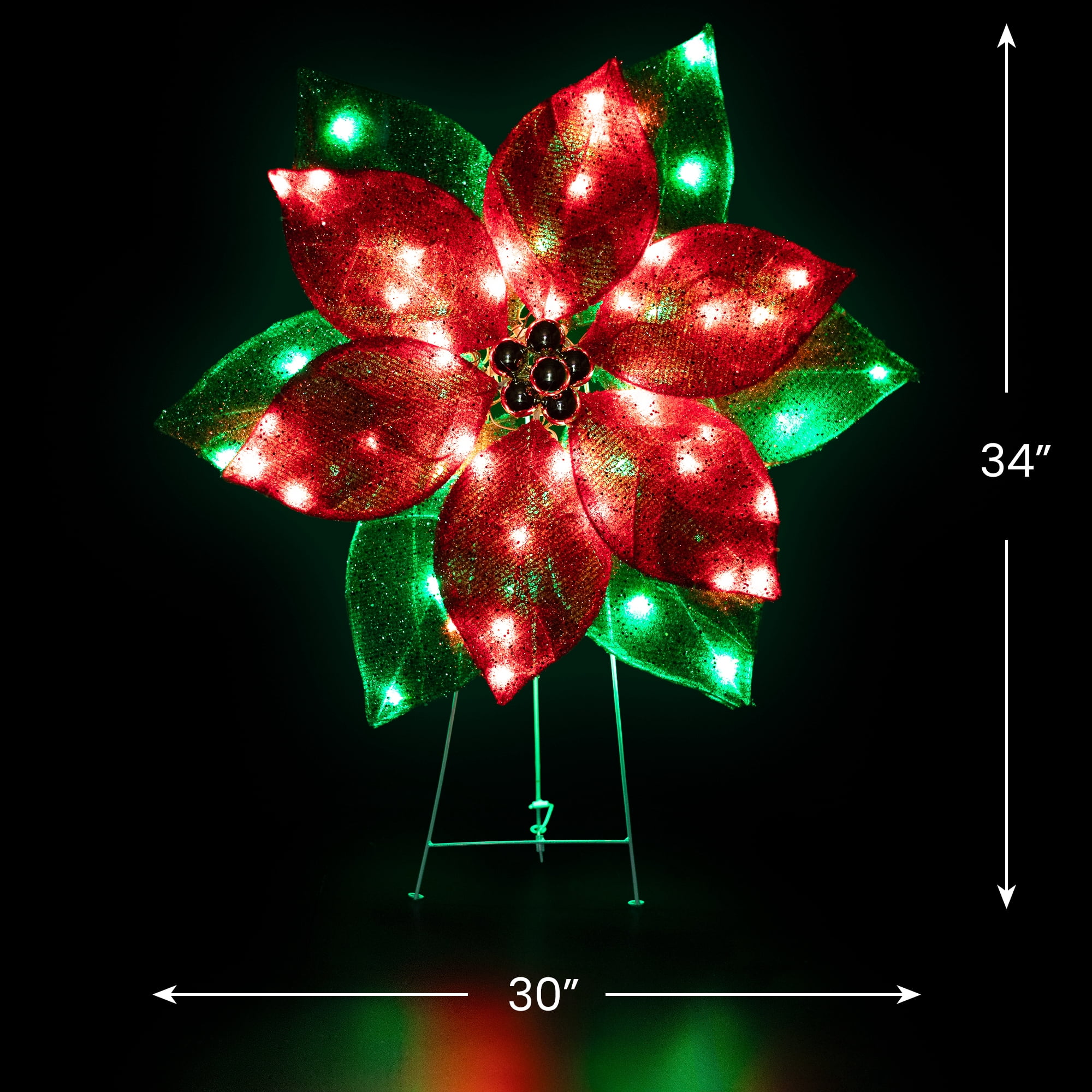 LED Lighted Poinsettia Outdoor Christmas Yard Decoration - 34" - Red and Green