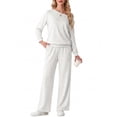 thumbnail image 4 of JWD Women's Off Shoulder 2 Piece Knit Matching Set Long Sleeve Pullover Top with Drawstring Wide Leg Pants Light Gray L, 4 of 6