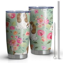 20 Oz Basset Hound and Flowers Coffee Tumbler Double Wall Insulated Stainless Steel Water Bottle | Metal Reusable Thermoses Flask with Cup Cap | Leak & Sweat Proof with Anti-Dust Lid