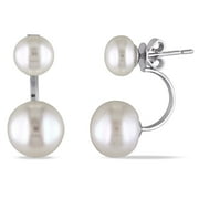 Everly Women's 7-10.5mm Button Shape front and back Cultured Freshwater Pearl Sterling Silver Double Pearl Stud Earrings with Butterfly Closures