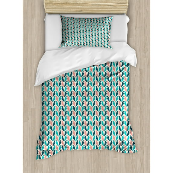Abstract Duvet Cover Set Twin Size, Retro Inspired Pattern with Bird Silhouette Like Motif, Decorative 2 Piece Bedding Set with 1 Pillow Sham, Dark Teal Dark Seafoam Coral Eggshell, by Ambesonne