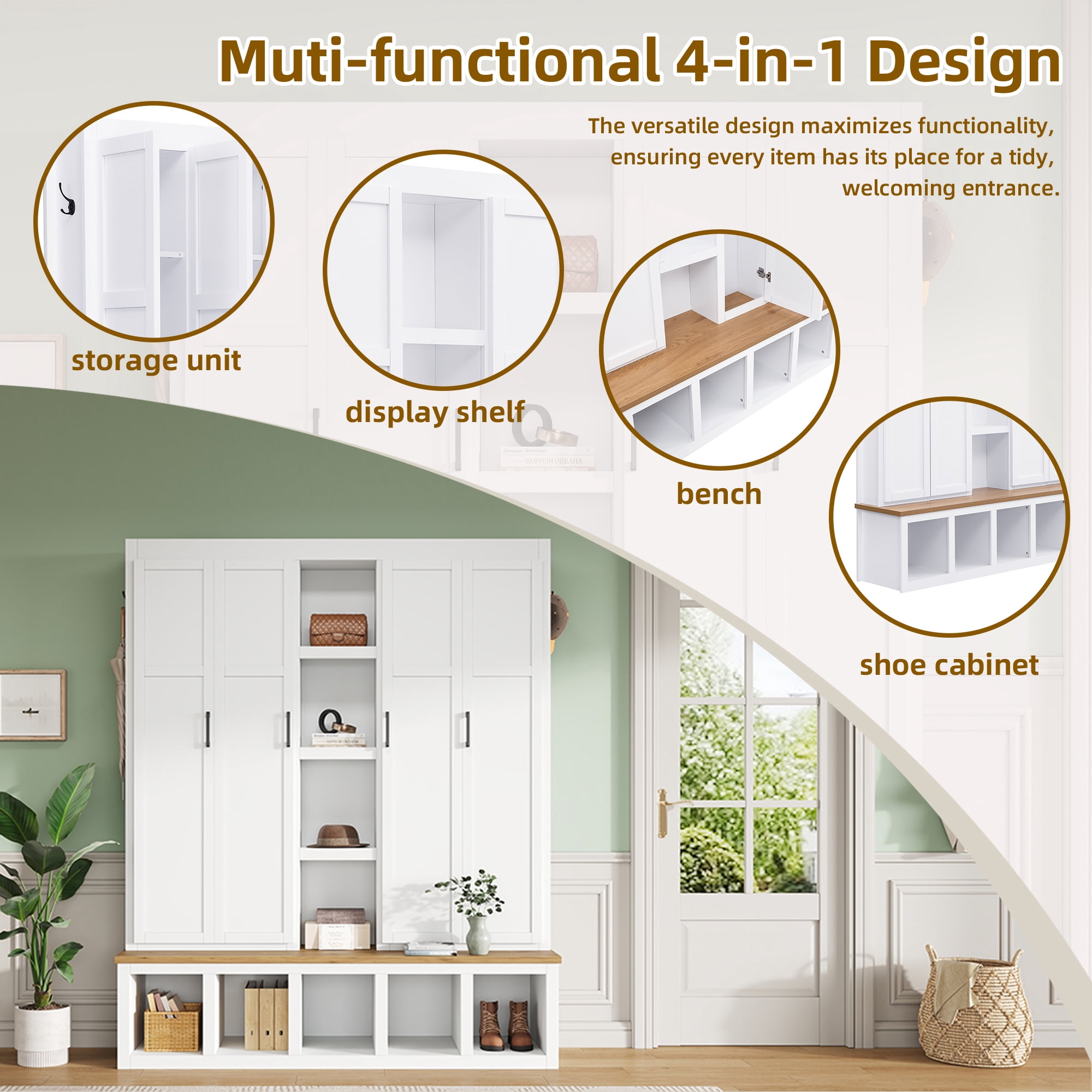 Farmhouse 4-in-1 Hall Tree with 6 Hanging Hooks, 62.9''W Mudroom Wood Grain Bench Shoe Organizer with Cubbies, Entryway Coat Rack with Storage Shelves for Hallway, Living Room