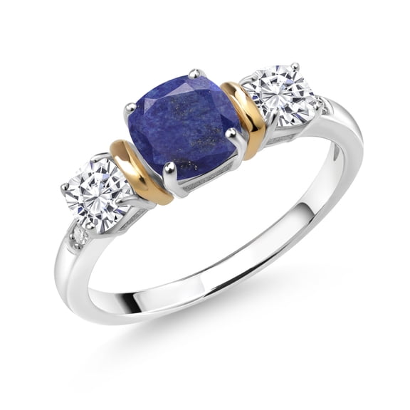 Gem Stone King 925 Silver and 10K Yellow Gold 3-Stone Diamond Ring Cushion Blue Lapis and Moissanite (1.66 Cttw, Size 9)