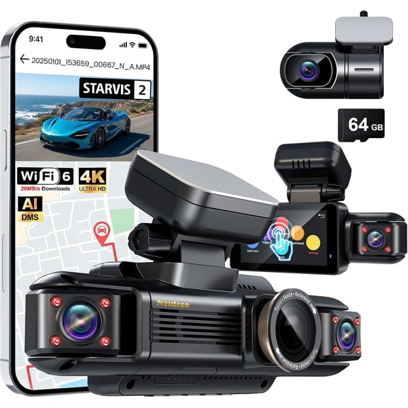 4K 4-Channel Dash Cam Front and Rear, Free 64GB Card, STARVIS 2 Sensor, 3" Touch Screen, 5.8GHz WiFi & GPS, AI DMS, 360° Car Dash Camera, WDR HDR Night Vision, 24H Parking Mode
