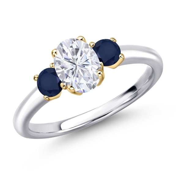 Gem Stone King 925 Silver and 10K Yellow Gold White Moissanite and Blue Sapphire Engagement Ring for Women | 1.34 Cttw | Oval 7X5MM | Gemstone Birthstone | Size 6