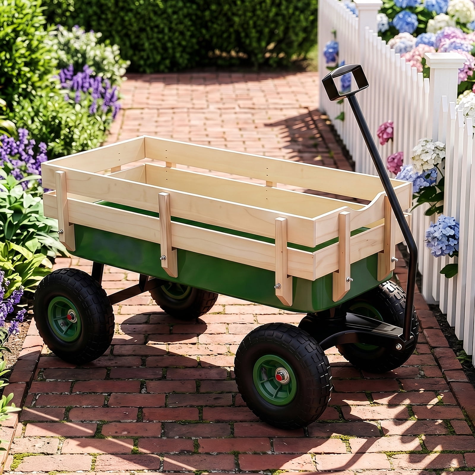 Side Support Cargo Wagon with 10" All-Terrain Air Tires, Up to 220lb Load Capacity, for Towing Kids Toys, Gardening Supplies, Green