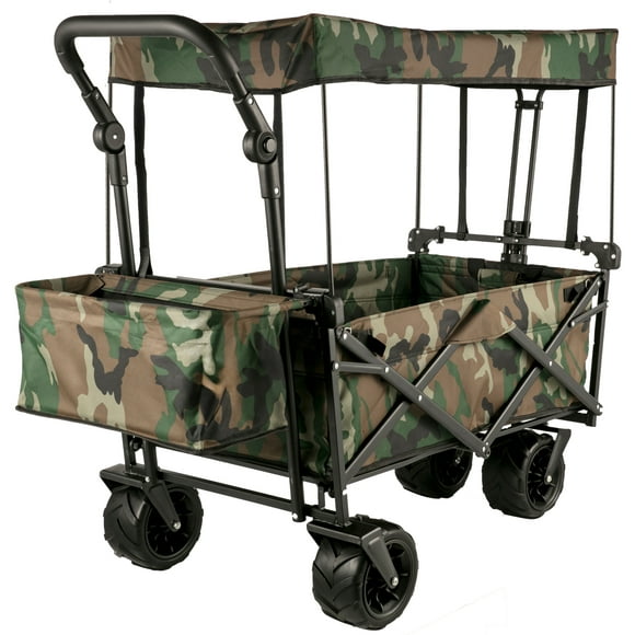 VEVOR Extra Large Collapsible Garden Cart with Removable Canopy, Folding Wagon Utility Carts with Wheels and Rear Storage, Wagon Cart for Garden, Camping, Grocery Cart, Shopping Cart, Camouflage