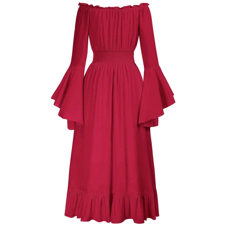 Wdfiry Renaissance Dress for Women, Gothic Halloween Costume Medieval Wedding Dress, Solid Flared Long Sleeve Princess Dress, Gothic Maxi Dress,