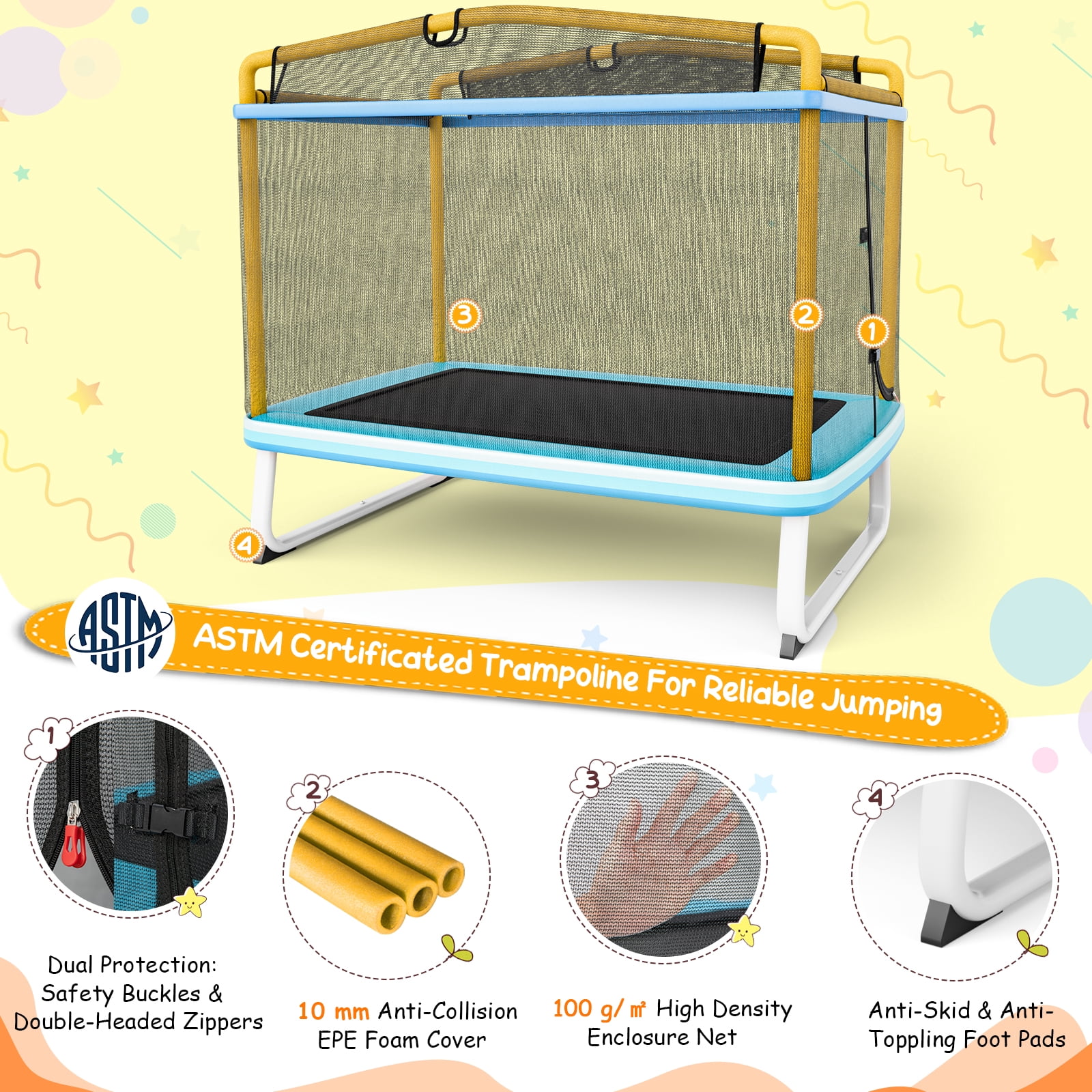 Infans 3-in-1 6FT Rectangle Kids Trampoline W/Swing Horizontal Bar & Safety Net Outdoor
