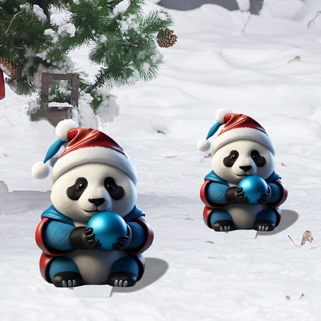 Card Slot Christmas Panda Ground Piles Inserted Into Art Garden Decorated With Colorful Pandas for Yard Holiday Decoration