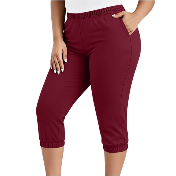 SHTXOZHI Womens Plus Size Capris Solid Color Elastic Waisted Fitted Pants Casual Workout Trousers with Pockets