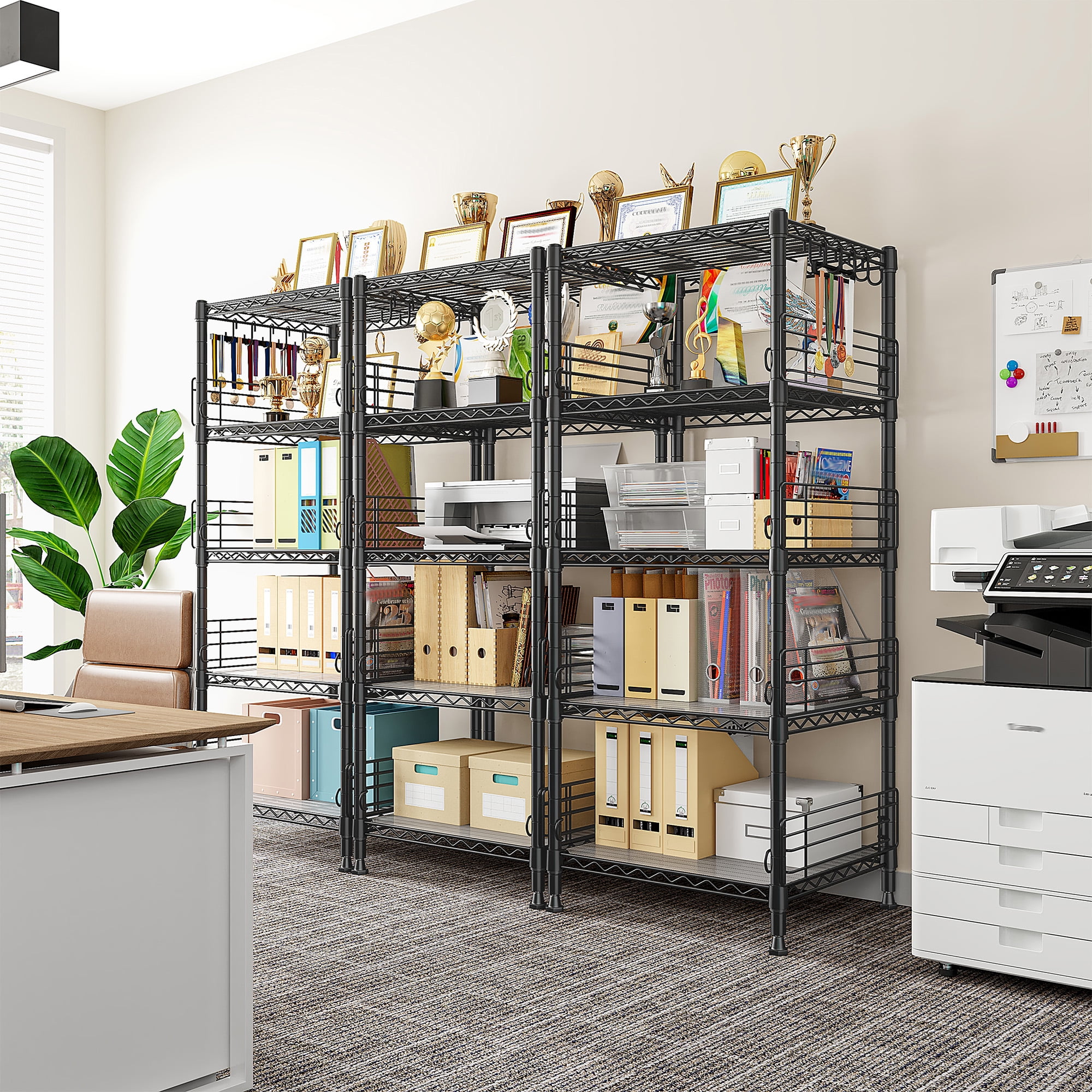 REIBII 5-Tier Wire Shelving Unit Shelves with 4.7"Side Guards,18.1"Wx18.1"Dx59"H, Heavy Duty Metal Storage Rack with Shelf Liners & Hooks for Kitchen,Pantry,Small Spaces,Black