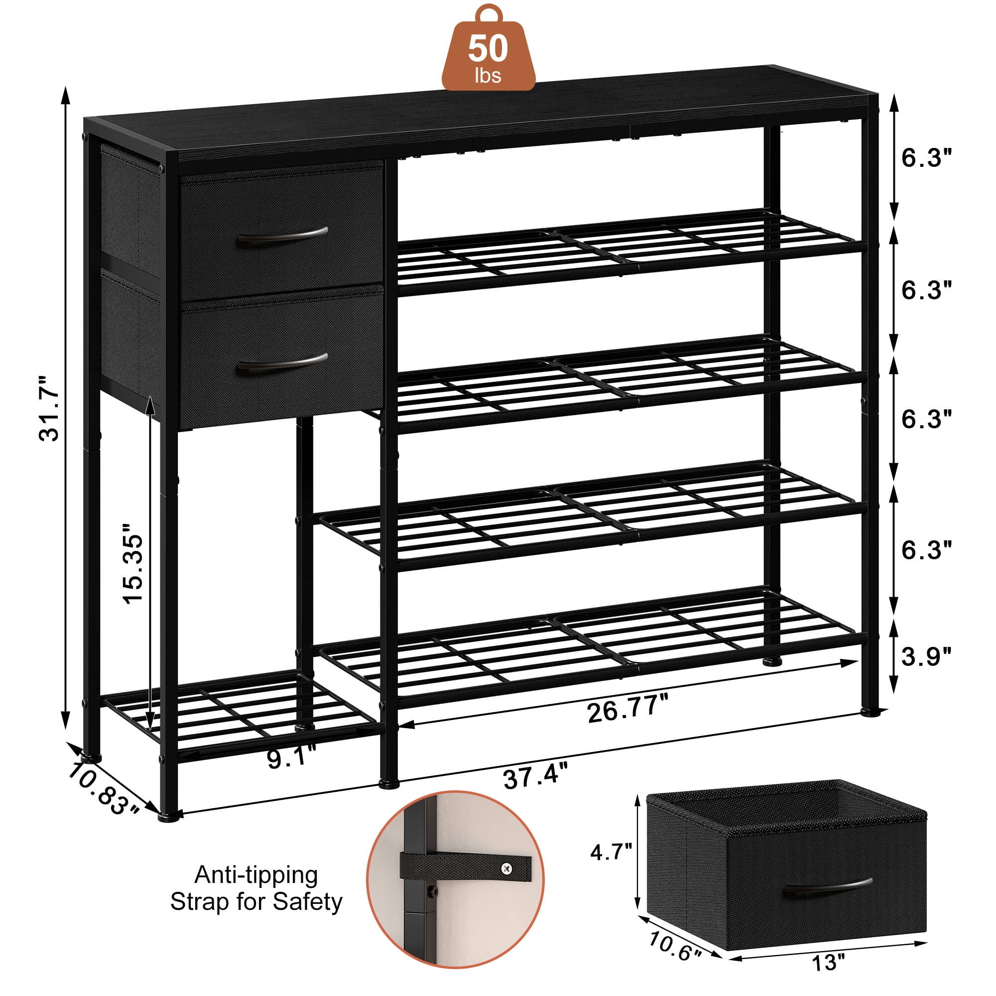 BGTREND 5-Tier Shoe Rack with Wooden Top and 2 Fabric Drawers, 16-21Pairs Shoe Storage Organizer with Boots Storage, Wide Shoe Stand for Entryway Hallway Closet (37.4''L, Black)