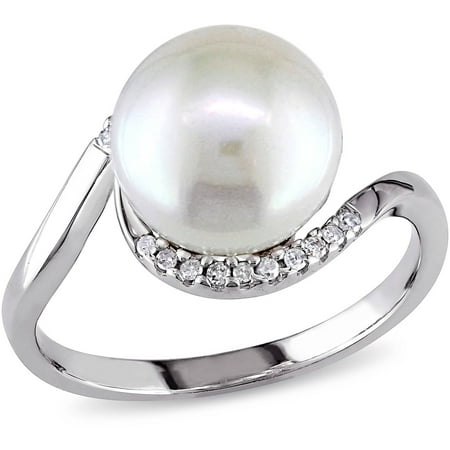 Miabella 9.5-10mm White Cultured Freshwater Pearl and Diamond-Accent Sterling Silver Bypass Ring
