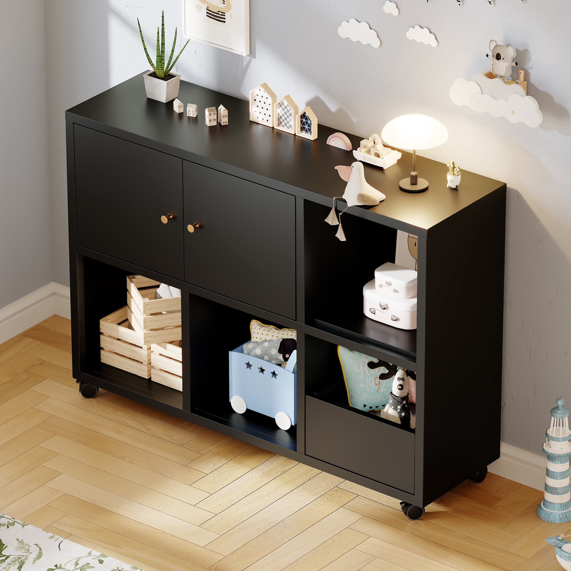 HOQBN Toy Storage Cabinet with 4 Wheels,Cubes Storage Bins Cubes with Open Cubbies & Closed Cabinets,Metal Storage Furniture for Playroom,Living Room,Black