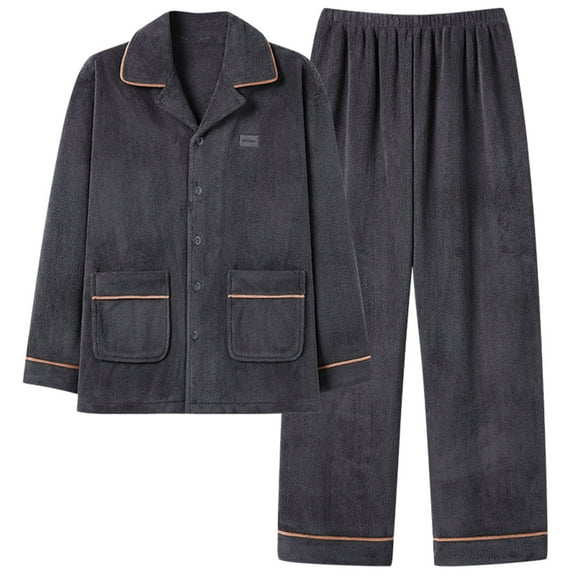 FNFYFH Men Big and Tall Fleece Pajama Set Long Sleeve Button Down Two Piece Sleepwear Soft Lounge Set