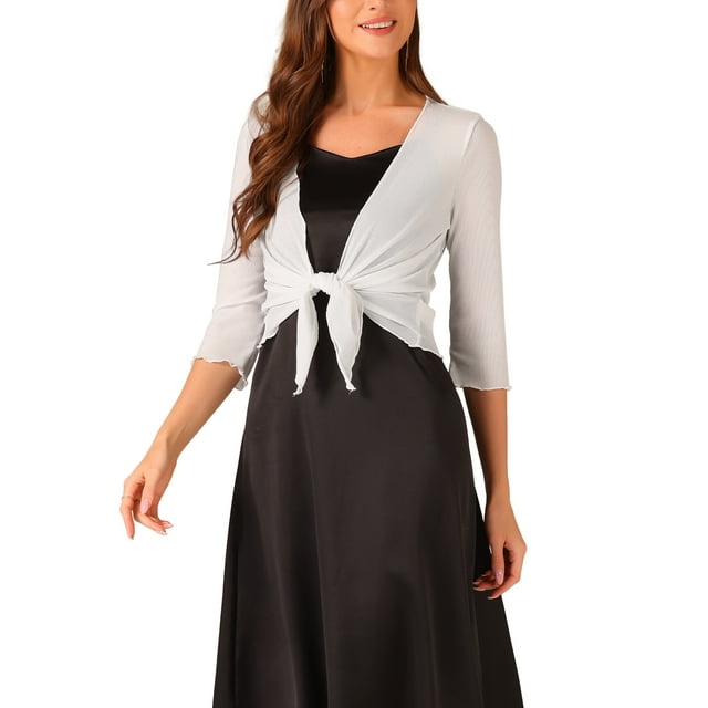 Cárdigan con lazo frontal INSPIRE CHIC para mujer, manga 3/4, malla brillante, bolero corto M blanco