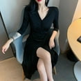 thumbnail image 3 of KOOYET V Neck Slim Long Dresses Women High Waist Elegant Split Long Dress Female Three Quarter Sleeve Retro Vestidos, 3 of 5