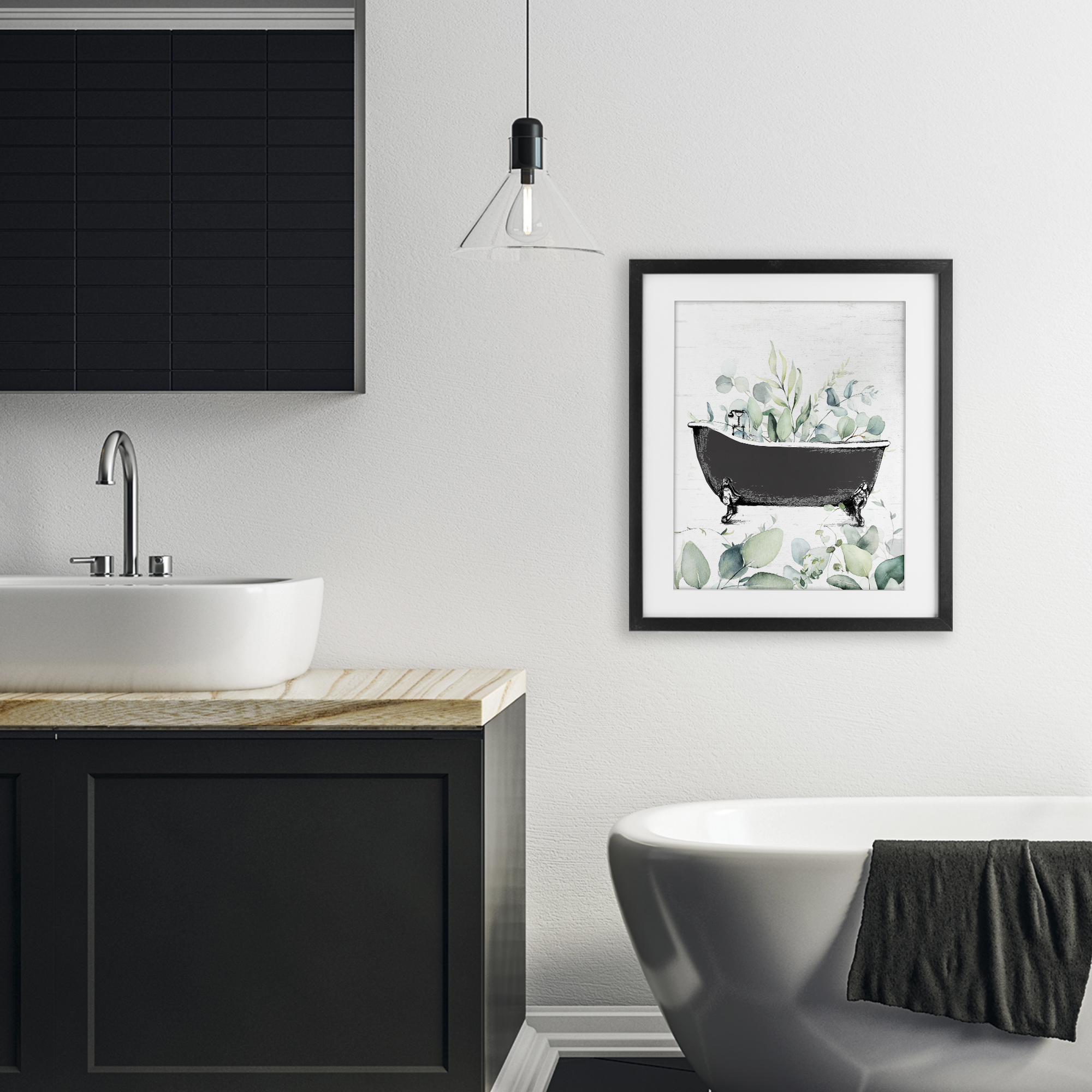 Eucalyptus Leaves Bathtub Black Framed Print Under Glass, design by Lettered and Lined