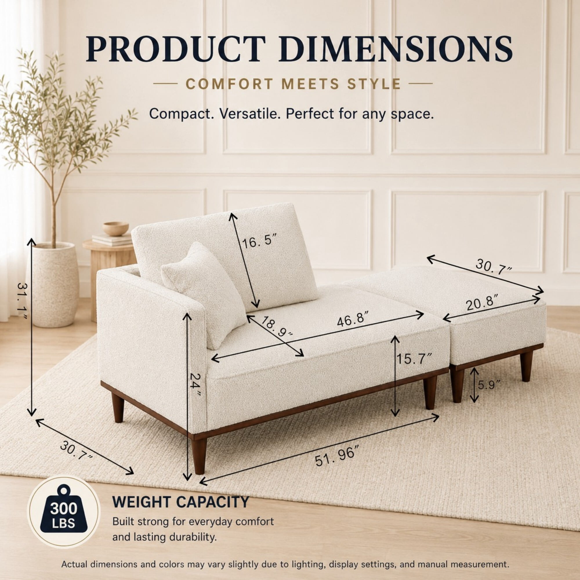 DEALTOPS Convertible Boucle Upholstered Chaise Lounge Chair with Ottoman for Living Room Bedroom, Cream