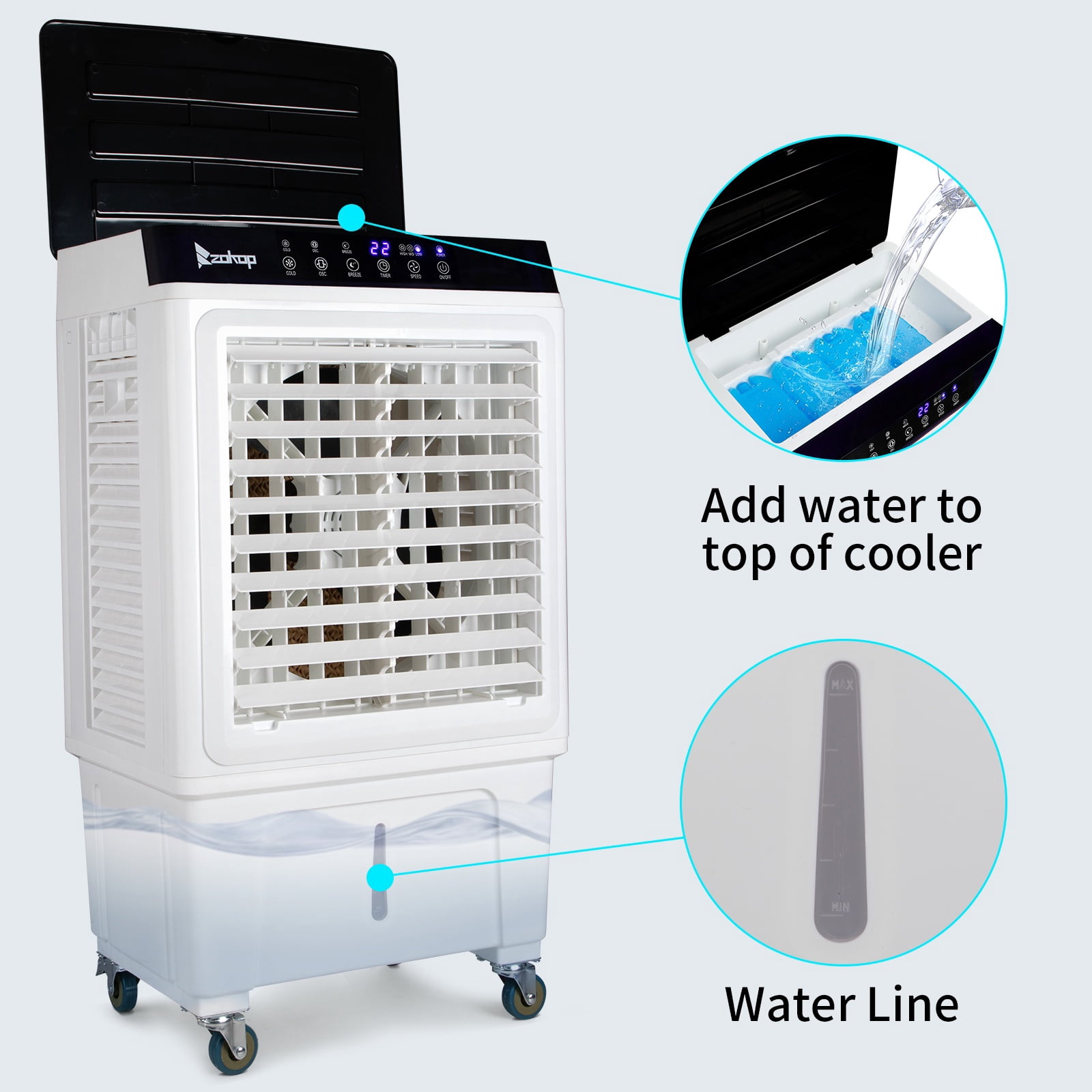 Evaporative Air Cooler, 2353CFM Portable Cooling Fan w/ Humidifier, Indoor Outdoor Swamp Cooler for Home Patio, 7.9GAL Water Tank, 4 Ice Packs, 3 Speeds, 90°Swing