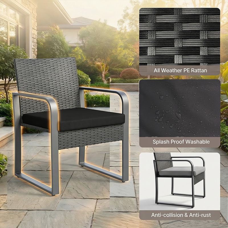 3 PCS Wicker Patio Set, Wicker Rattan Chairs and Tempered Glass Table, for Porch, Balcony, Backyard- Includes Black Cushions