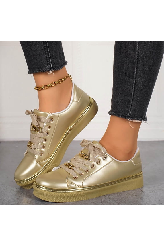 Women Shinny Leather Sneakers Lace up Platforms Walking Shoes Round Toe Chunky Heels Breathable Athletic Sports Shoes Trendy Waterproof Comfortable Non Slip Running Couple Sneaker Gold