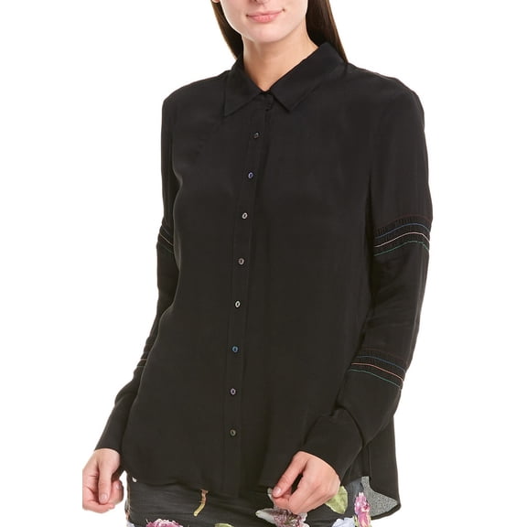 Nicole Miller Artelier BLACK/MULTI Smocked Boyfriend Blouse, US Petite