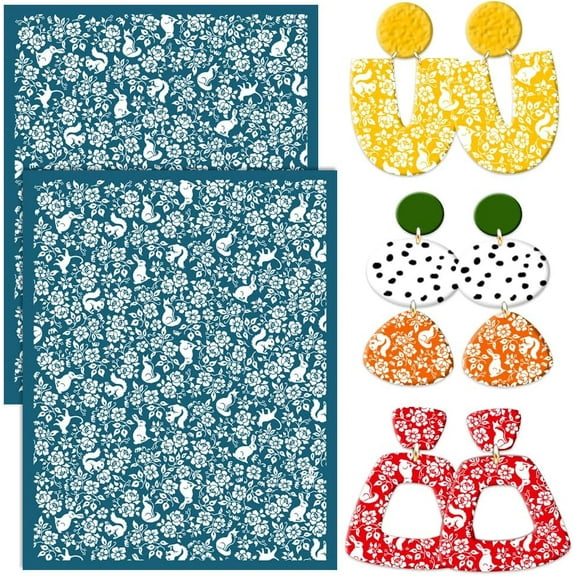 2Pcs Animals Plants Silk Screen Stencil Polymer Clay Reusable Clay Silkscreen Stencils Texture Sheet Mesh Transfer DIY Craft Jewelry Earrings Making Printing on Wood Canvas Bags