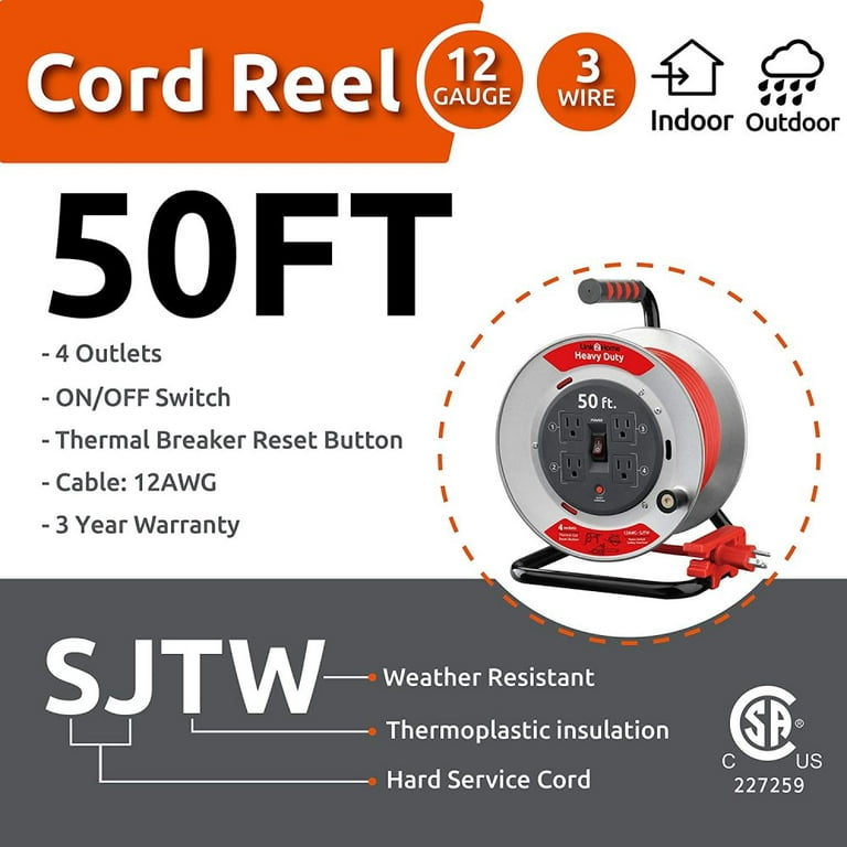 Link2Home Heavy Duty Professional Grade Metal Cord Reel – High Visibility  50 ft. 12 AWG SJTW Extension Cord with 4 Power Outlets