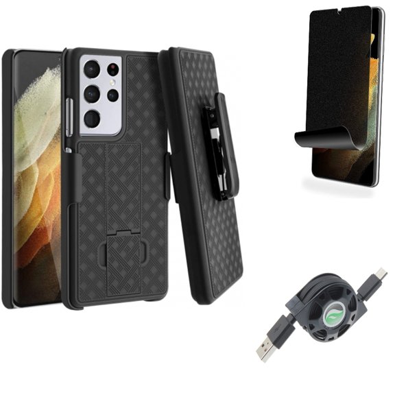 Case Belt Clip & USB Cable & Privacy Screen Protector for Samsung Galaxy S21 Ultra Phone - Holster Swivel & Retractable Type-C & TPU Film Fingerprint Works Accessory Bundle