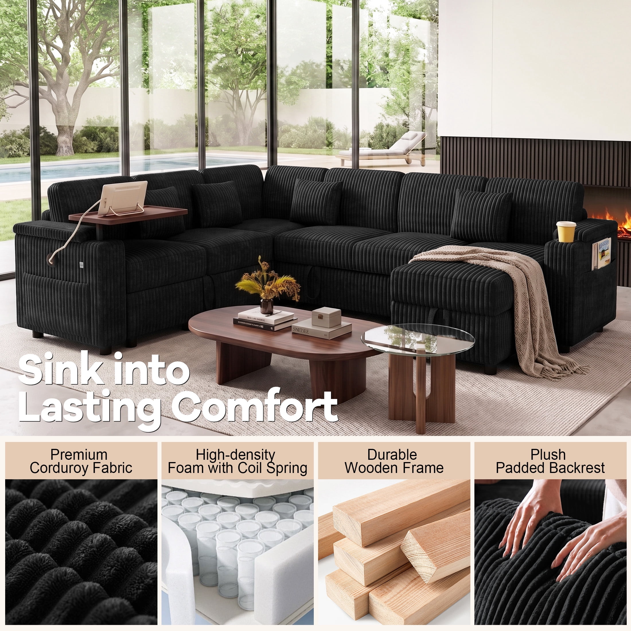 Aenkyo 7-Seat Corduroy U-Shaped Sectional Sleeper Sofa Bed with Storage Chaise and USB Charging, Black