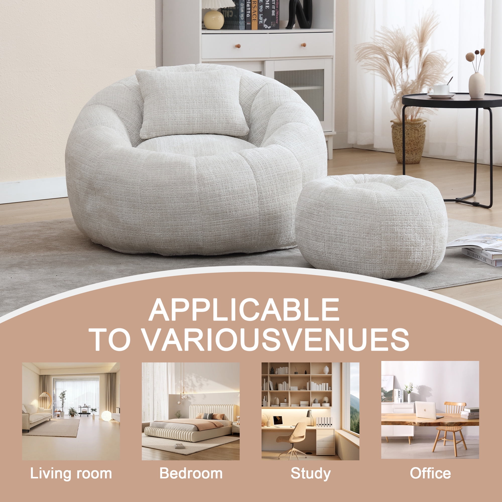 Chenille Upholstered Round Lazy Cozy Bean Bag Chair with Ottoman-Beige