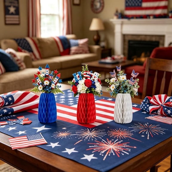 3-Piece Patriotic Honeycomb Vase Centerpiece Set – Red, White & Blue Independence Day Table Decor with Floral & Flag Accents (25cm Height)