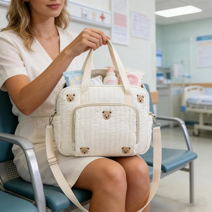 Bear-Shaped Diaper Tote Bag - Cute Travel Diaper Bag with Zippered Pockets, Spacious Hospital Maternity Tote for Mom & Dad, Baby Storage Organizer for Wet Wipes, Clothes & Essentials  P
